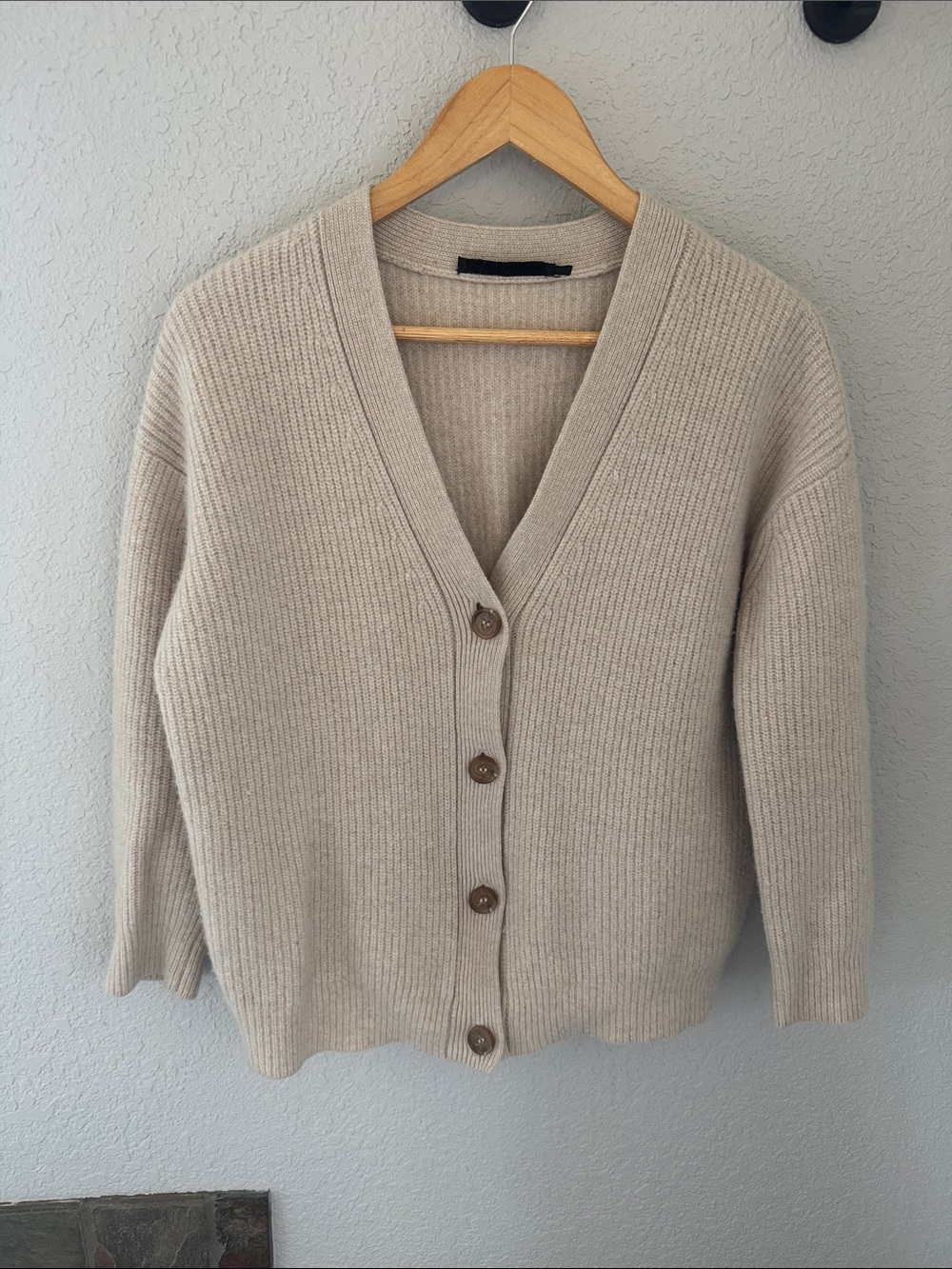 Classic Cream Ribbed V-Neck Button Cardigan Sweater